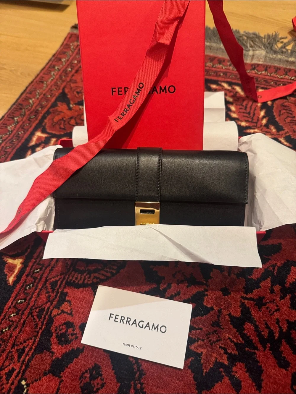 Salvatore Ferragamo Black Leather Wallet with Gold-Tone Clasp